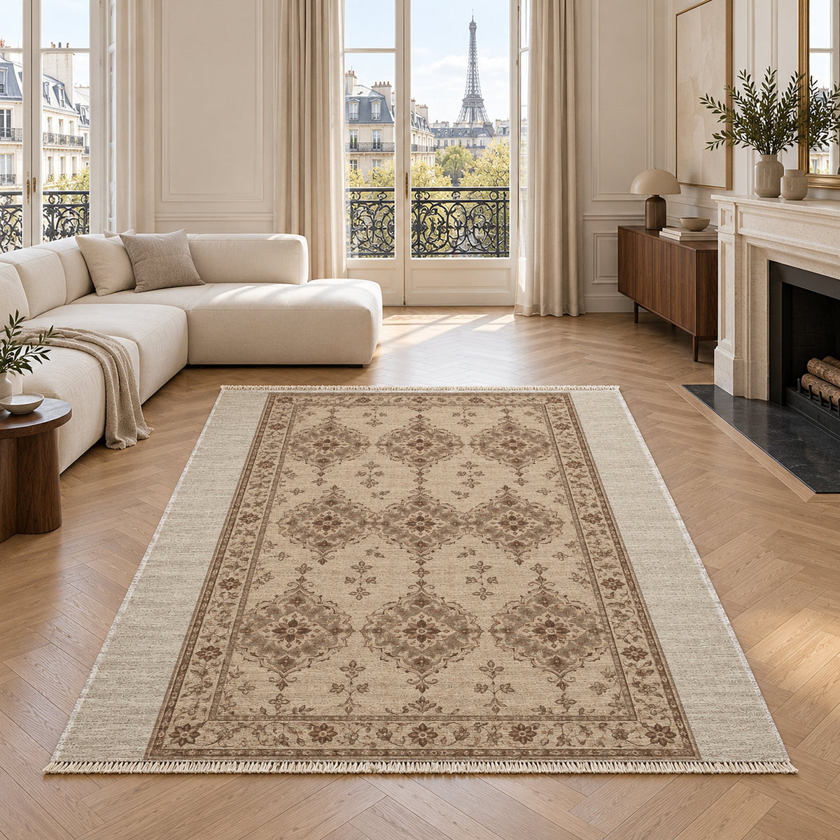 Mini Medallions Ivory & Taupe washable rug in a living room with an Eiffel Tower view