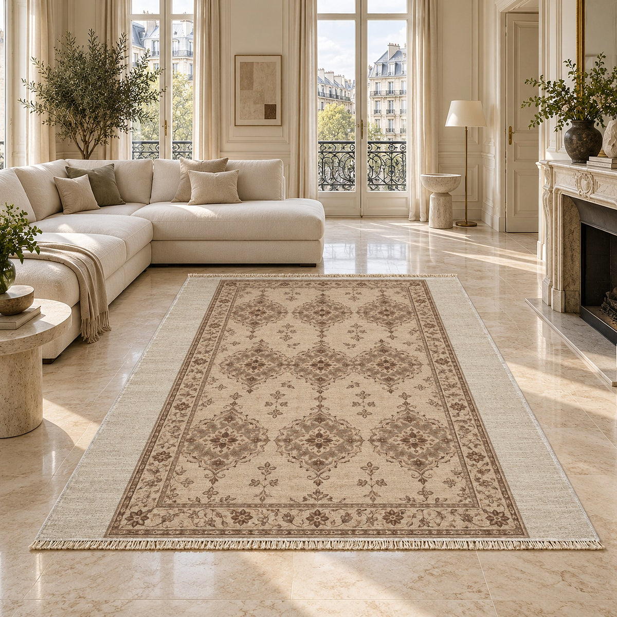 Mini Medallions Ivory & Taupe washable rug on a marble floor