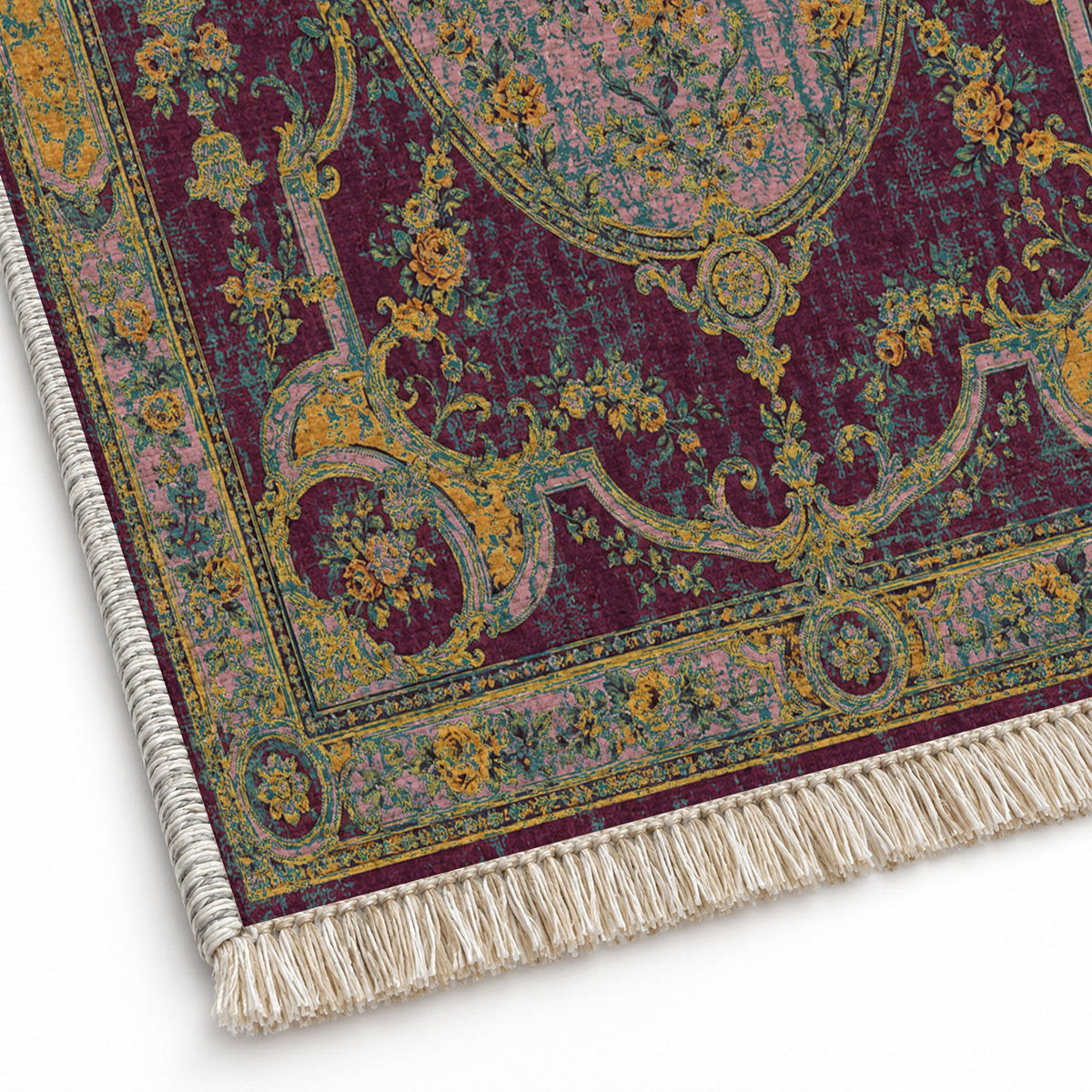Mirror Gallery Burgundy & Teal washable rug close-up of the printed chenille
