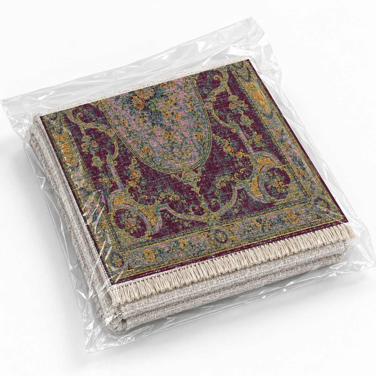 Mirror Gallery Burgundy & Teal washable rug rolled and packaged