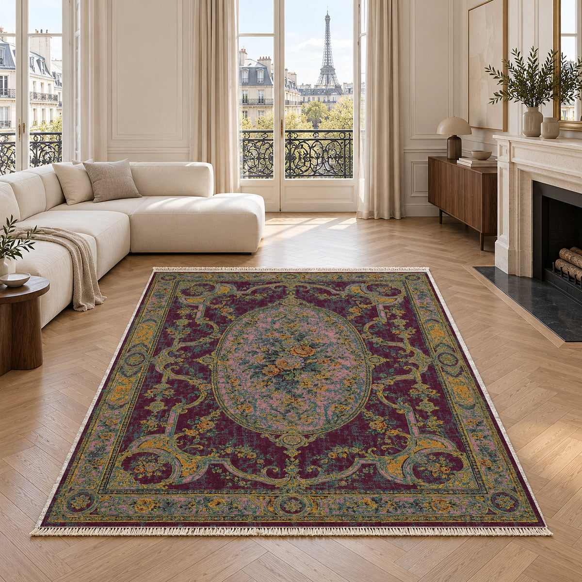Mirror Gallery Burgundy & Teal washable rug in a living room with an Eiffel Tower view