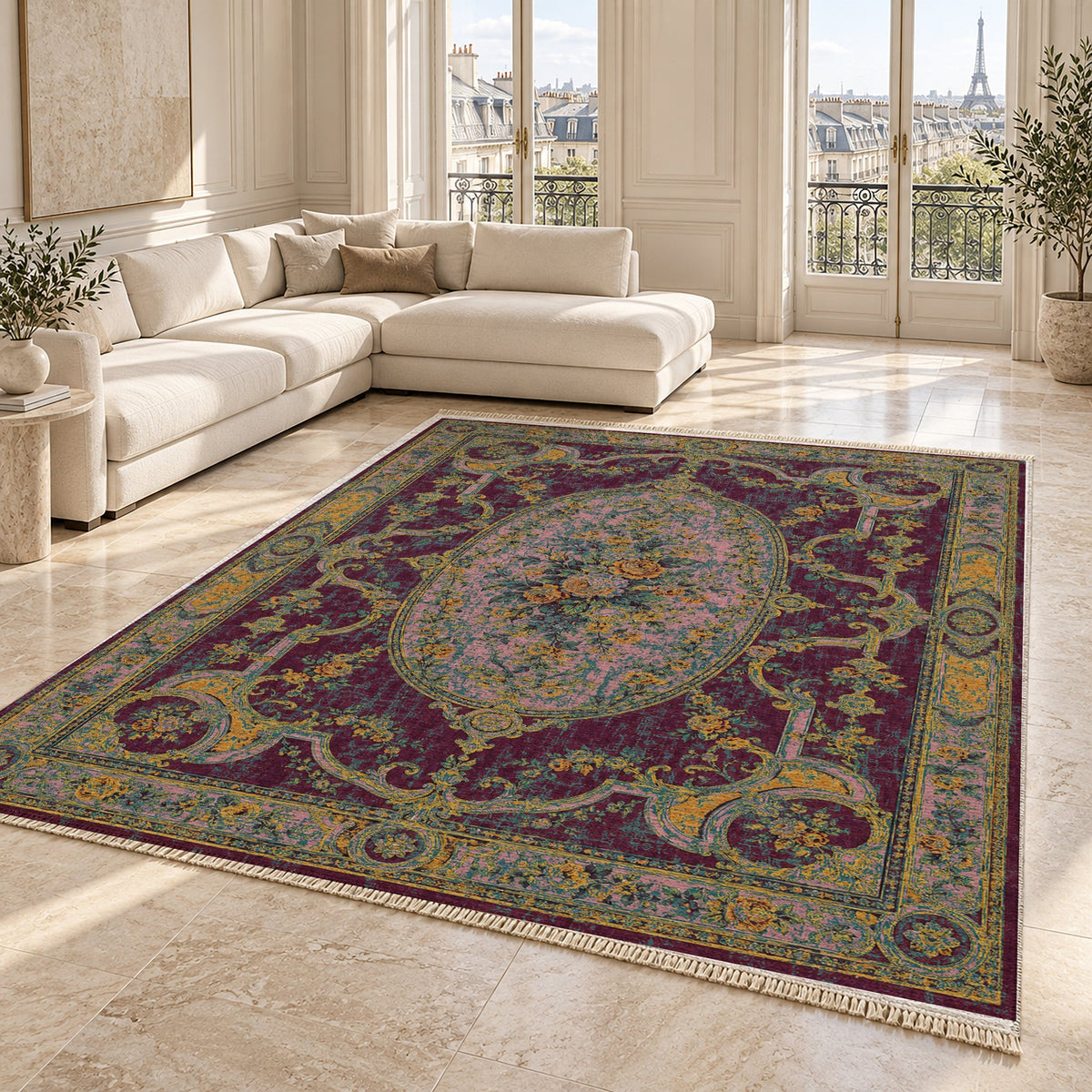Mirror Gallery Burgundy & Teal washable rug angled room view on marble