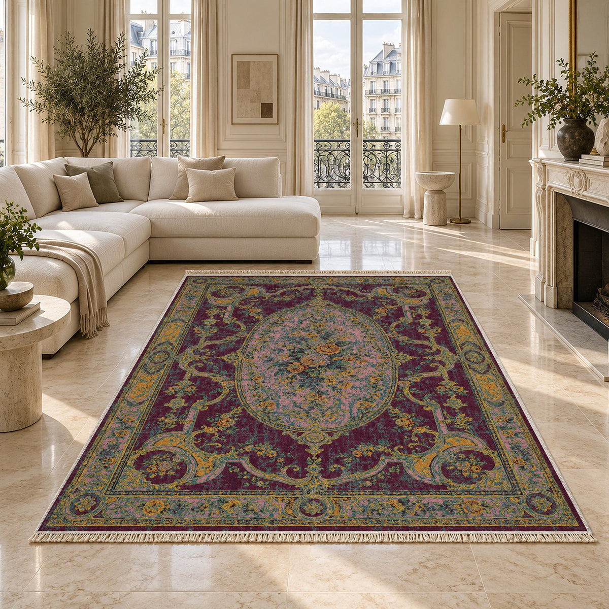 Mirror Gallery Burgundy & Teal washable rug on a marble floor
