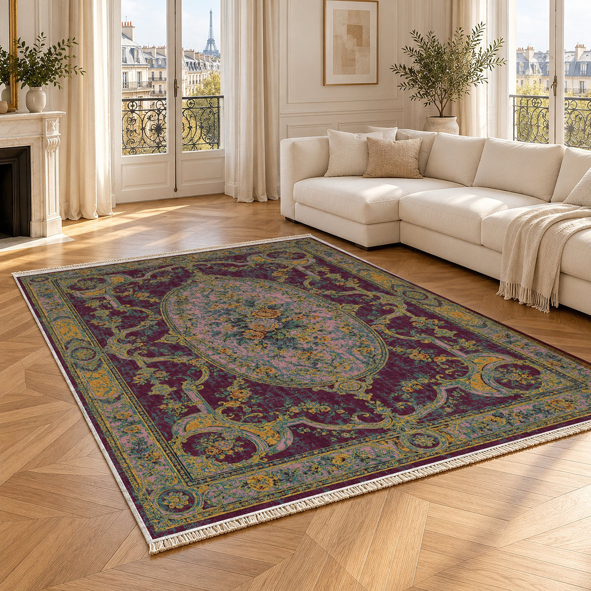 Mirror Gallery Burgundy & Teal washable rug angled room view