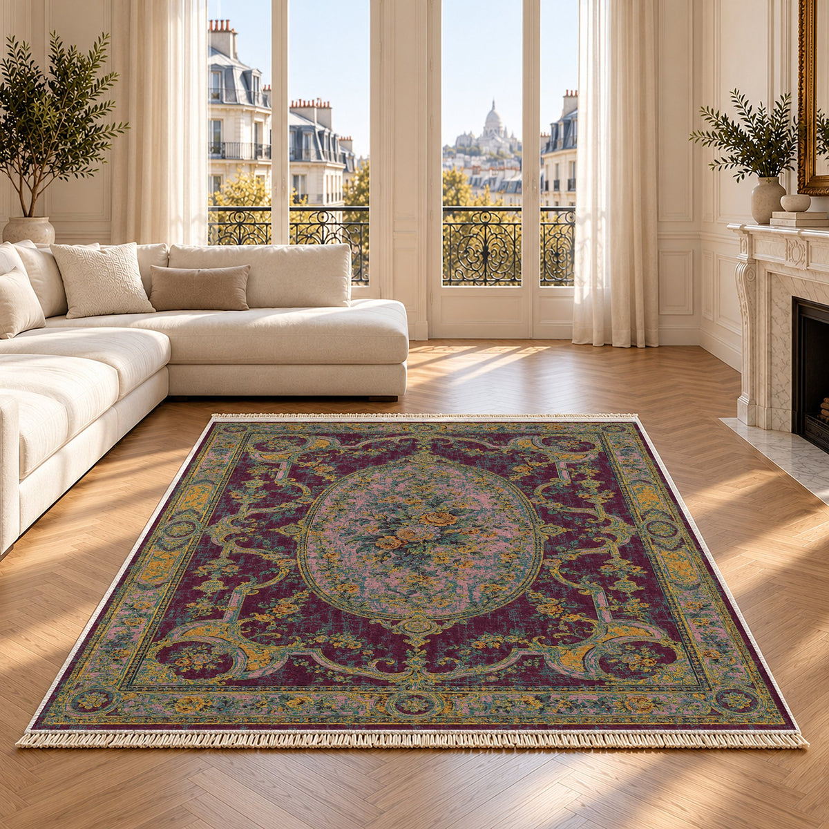 Mirror Gallery Burgundy & Teal washable rug on an oak floor