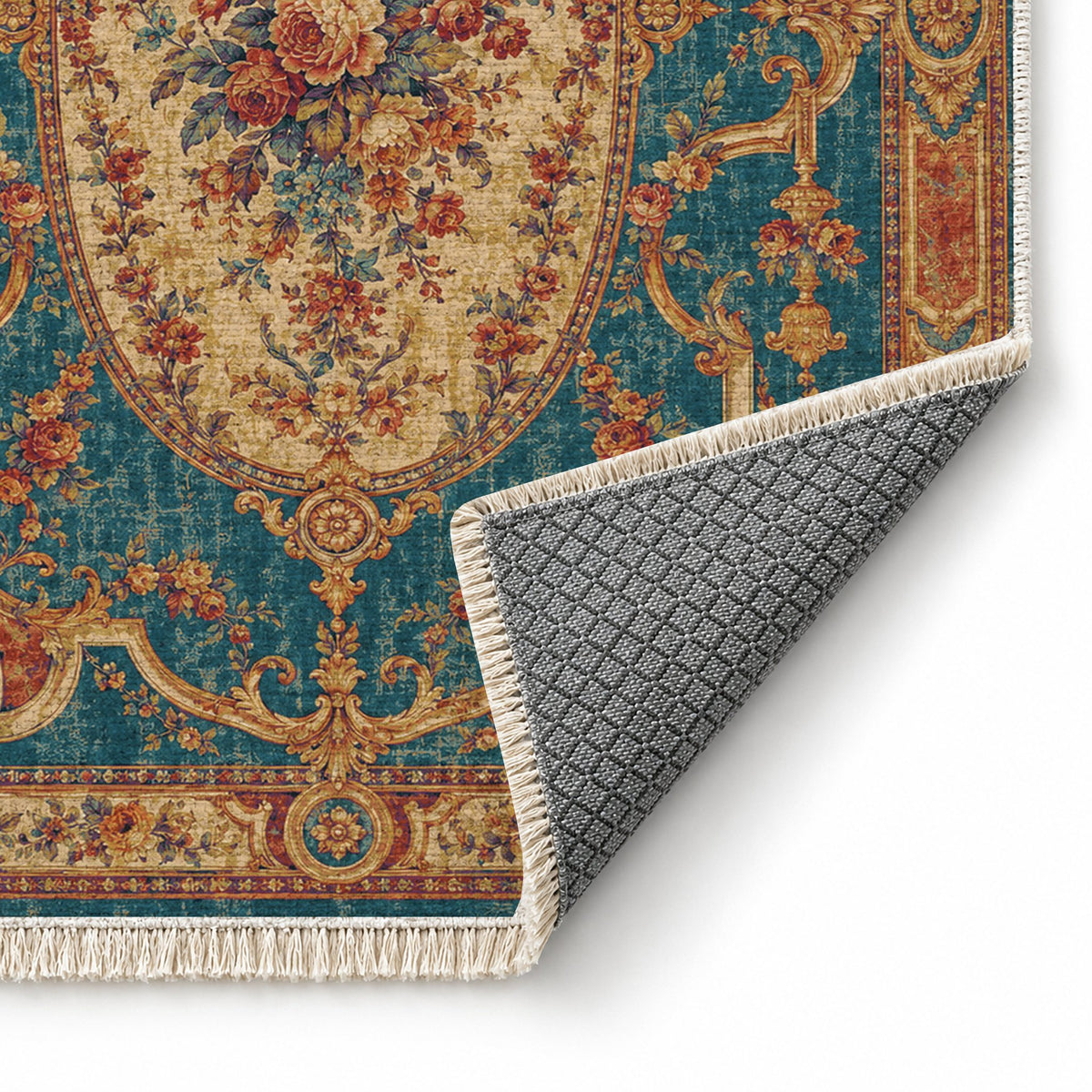 Mirror Gallery Peacock & Ochre washable rug folded corner showing the backing