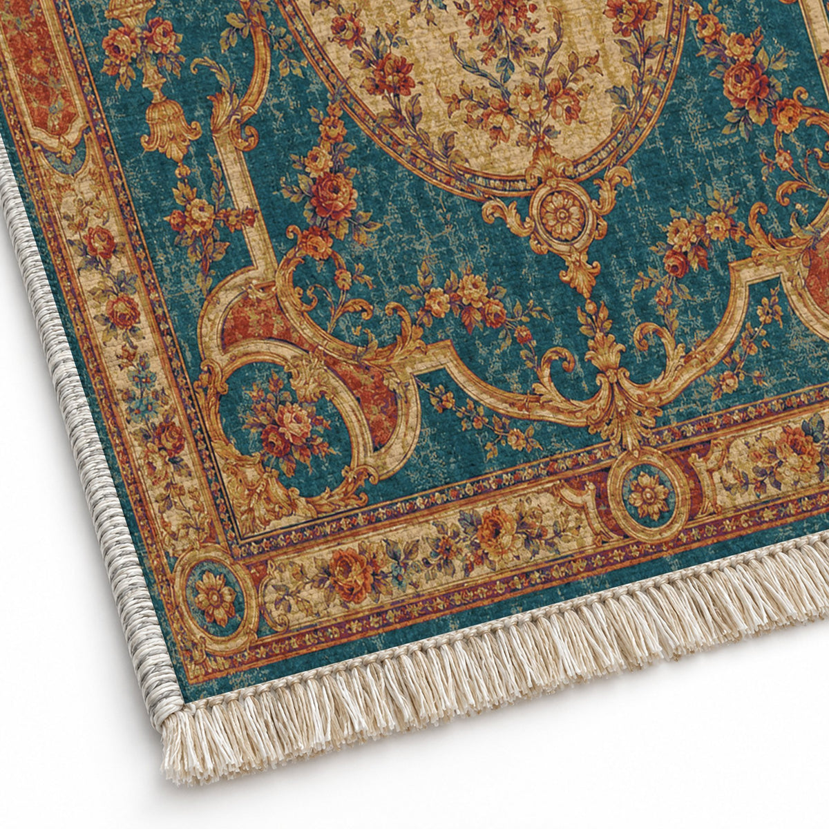Mirror Gallery Peacock & Ochre washable rug close-up of the printed chenille