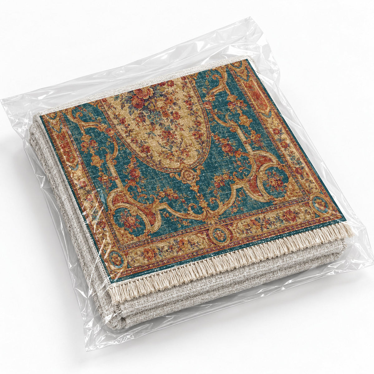 Mirror Gallery Peacock & Ochre washable rug rolled and packaged