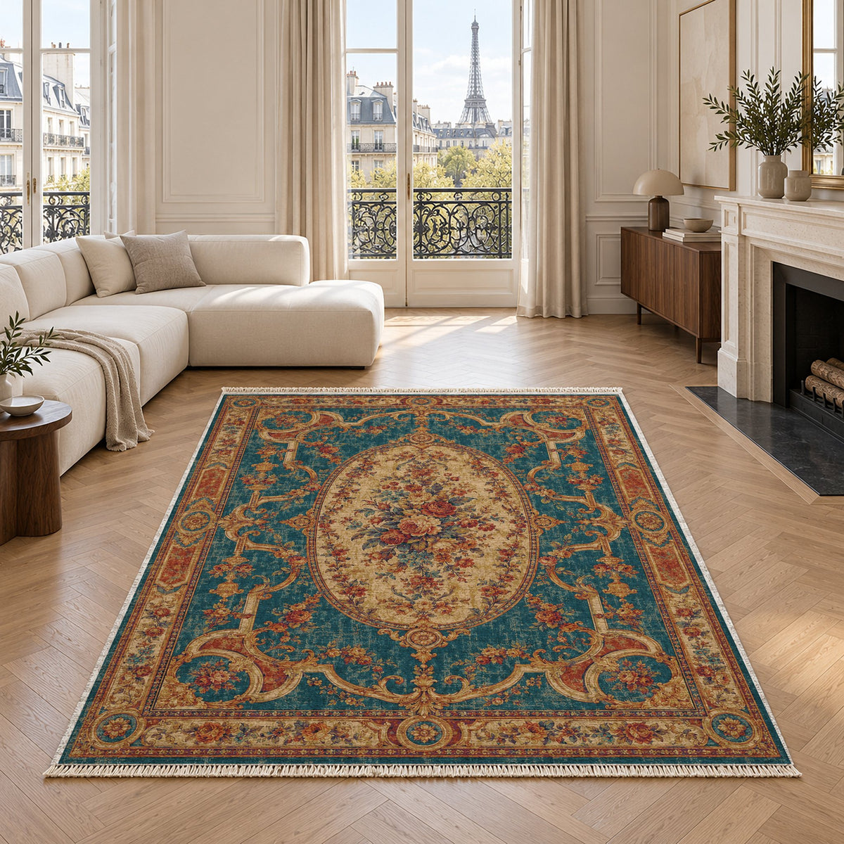 Mirror Gallery Peacock & Ochre washable rug in a living room with an Eiffel Tower view