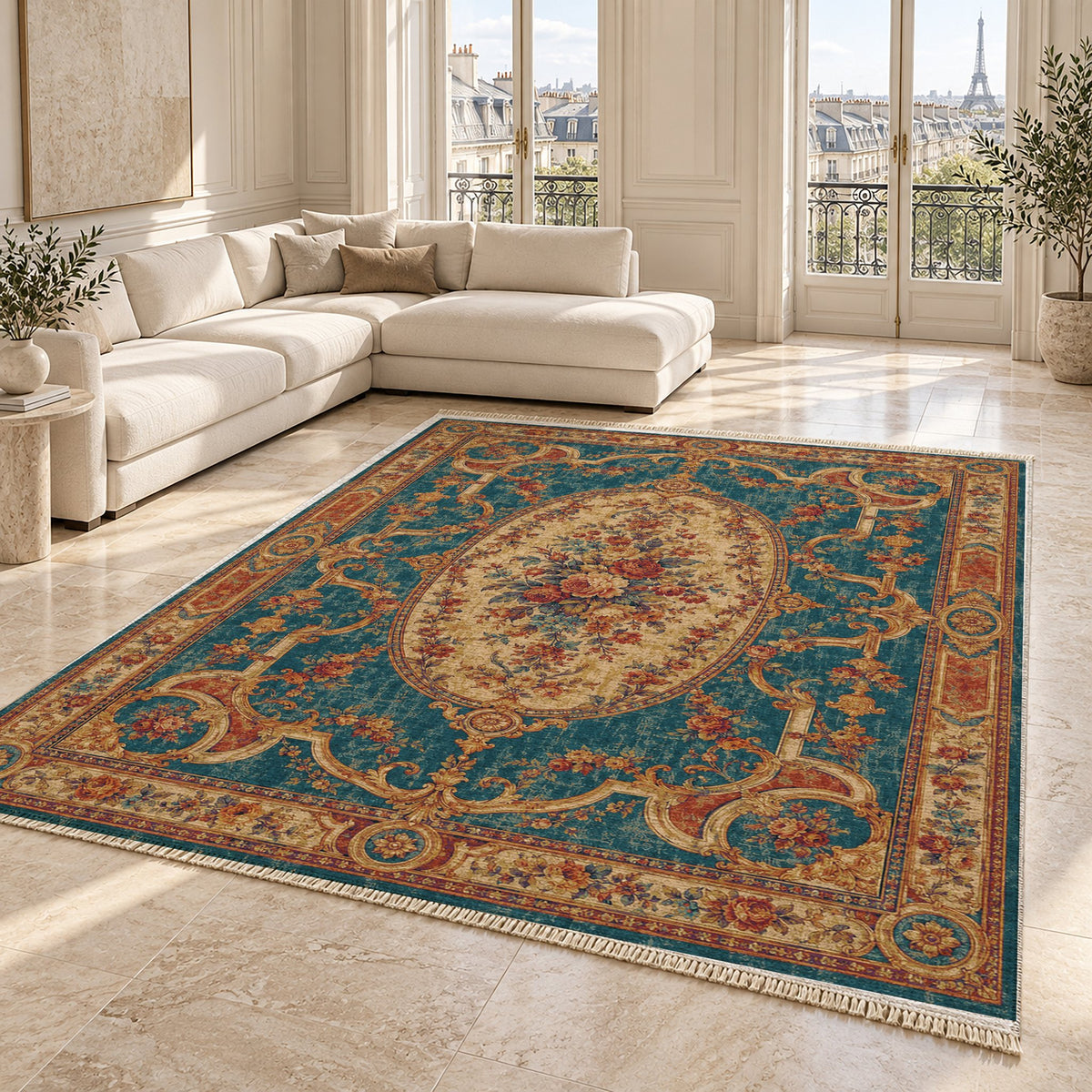 Mirror Gallery Peacock & Ochre washable rug angled room view on marble