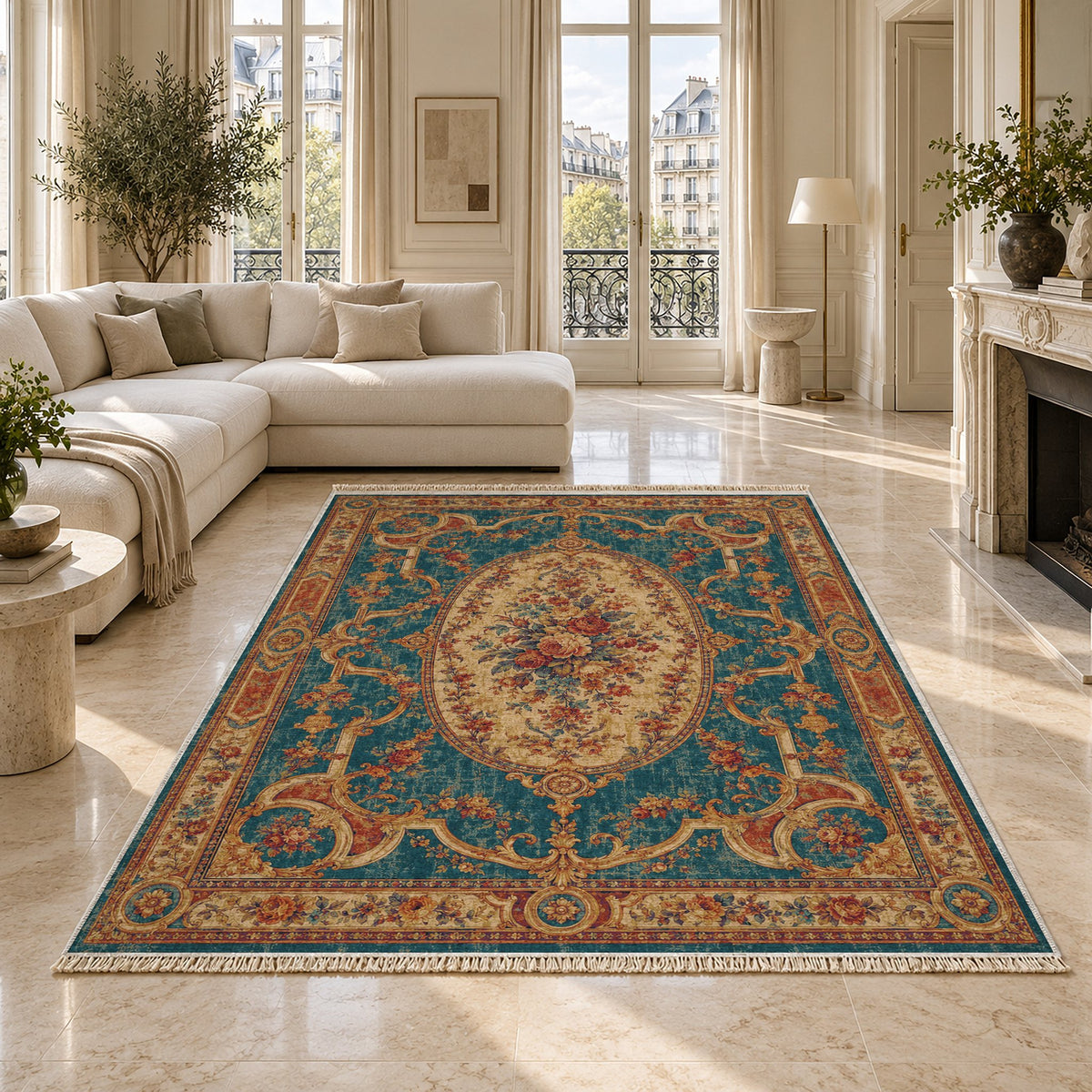 Mirror Gallery Peacock & Ochre washable rug on a marble floor