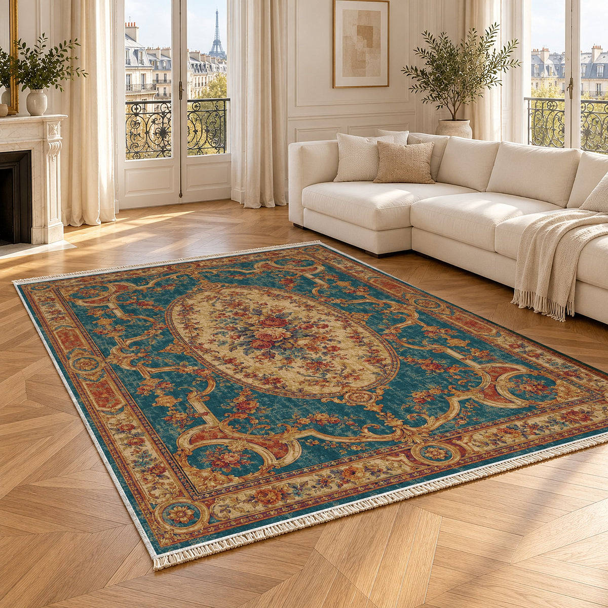 Mirror Gallery Peacock & Ochre washable rug angled room view