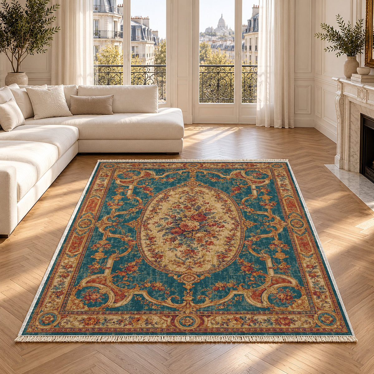 Mirror Gallery Peacock & Ochre washable rug in a Paris living room
