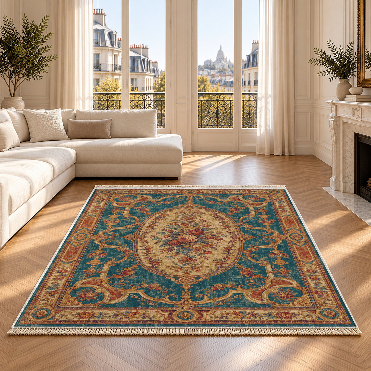 Mirror Gallery Peacock & Ochre washable rug on an oak floor