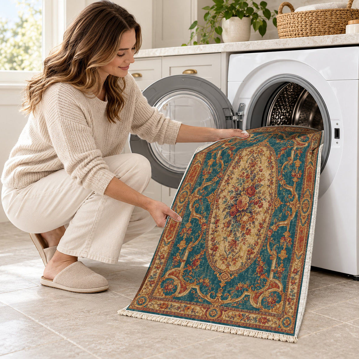 Mirror Gallery Peacock & Ochre washable rug being loaded into a washing machine