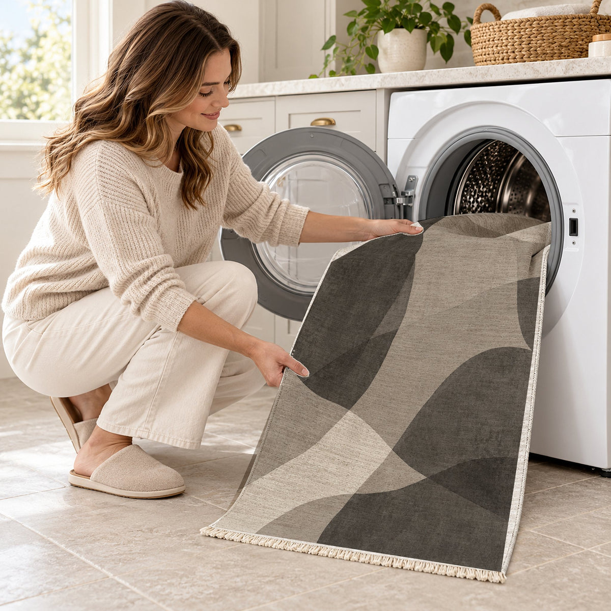 Mist Layers Greige & Charcoal washable rug being loaded into a washing machine
