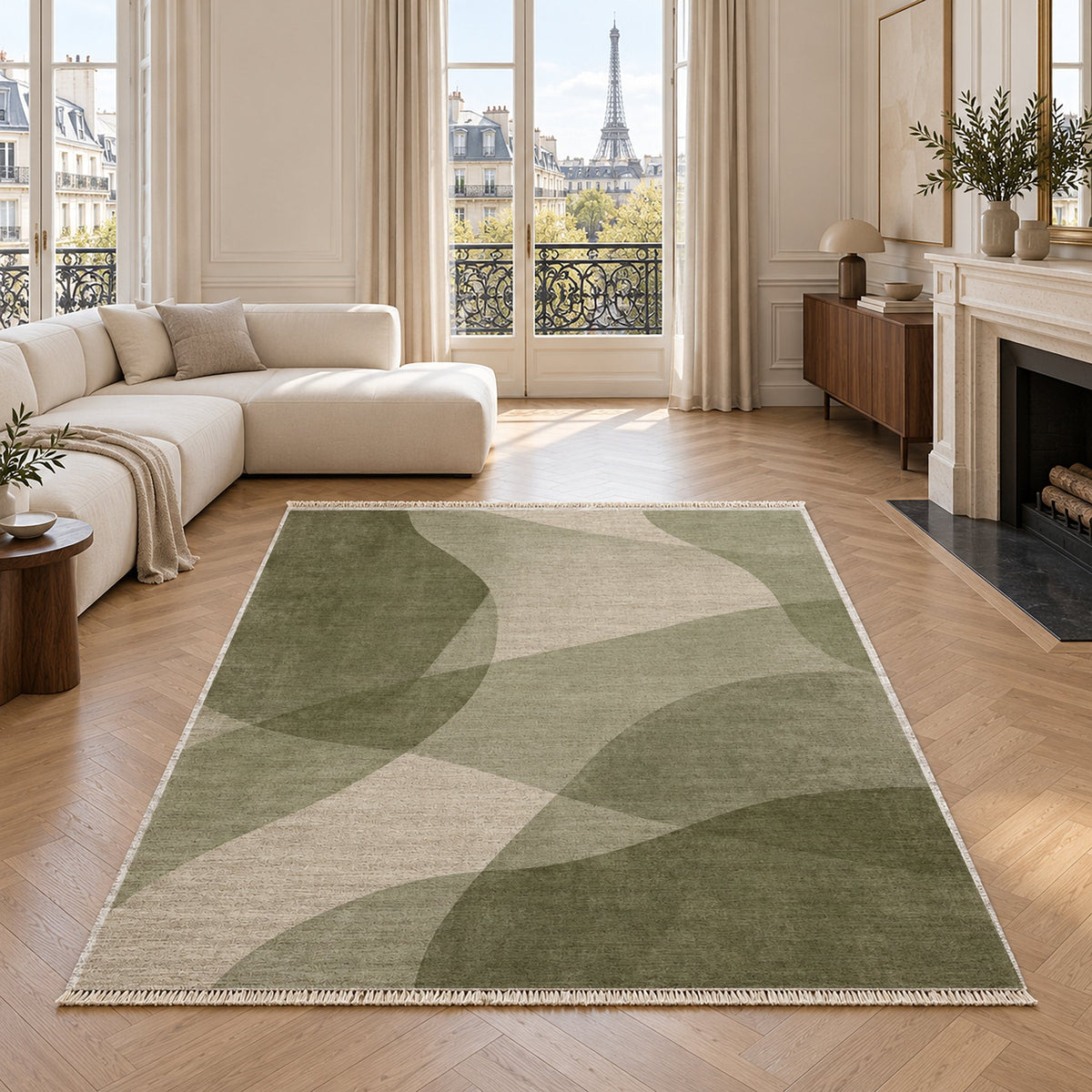 Mist Layers Ivory & Sage washable rug in a living room with an Eiffel Tower view