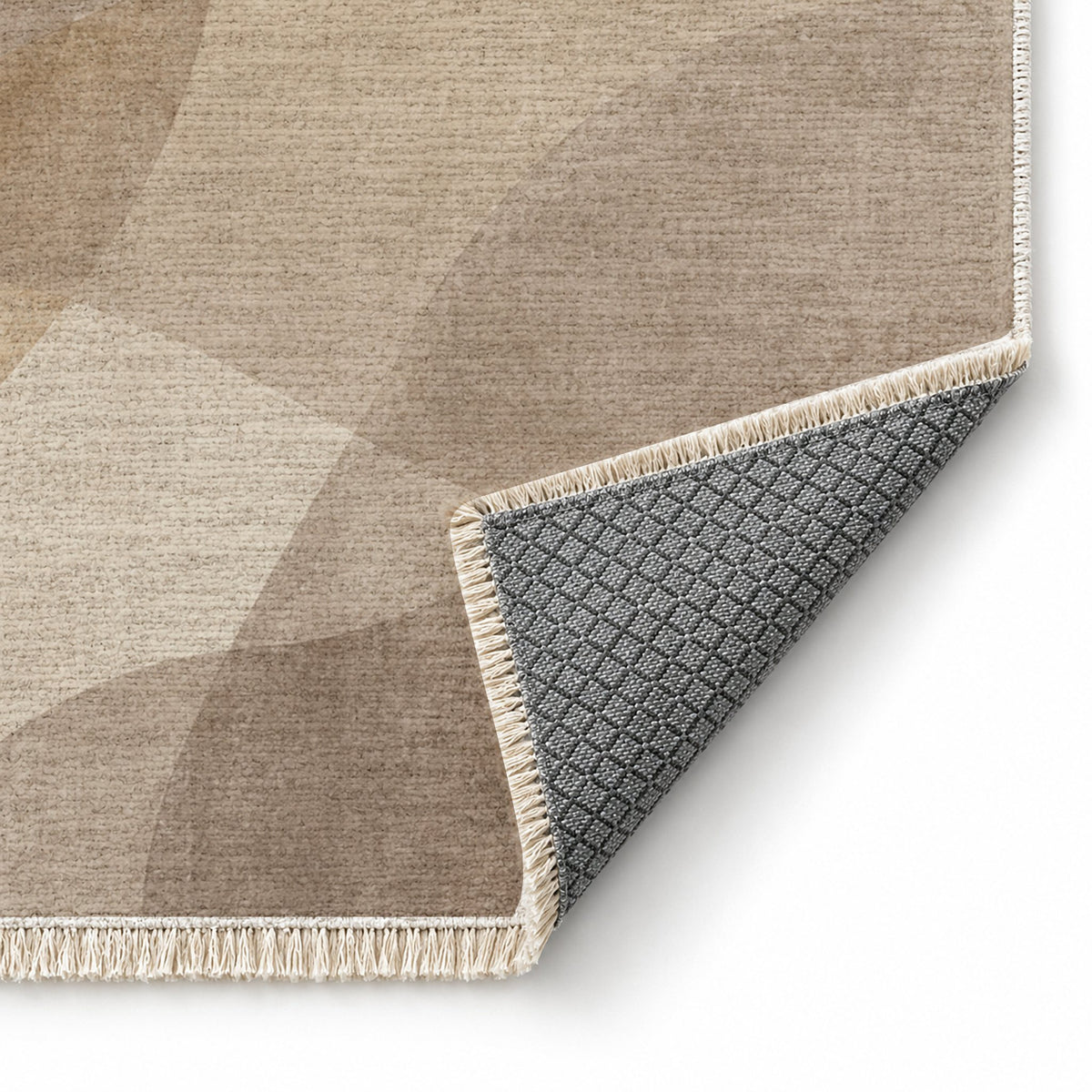 Mist Layers Ivory & Taupe washable rug folded corner showing the backing
