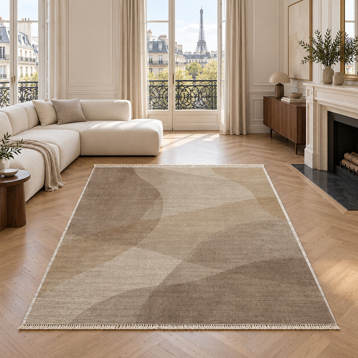 Mist Layers Ivory & Taupe washable rug in a living room with an Eiffel Tower view
