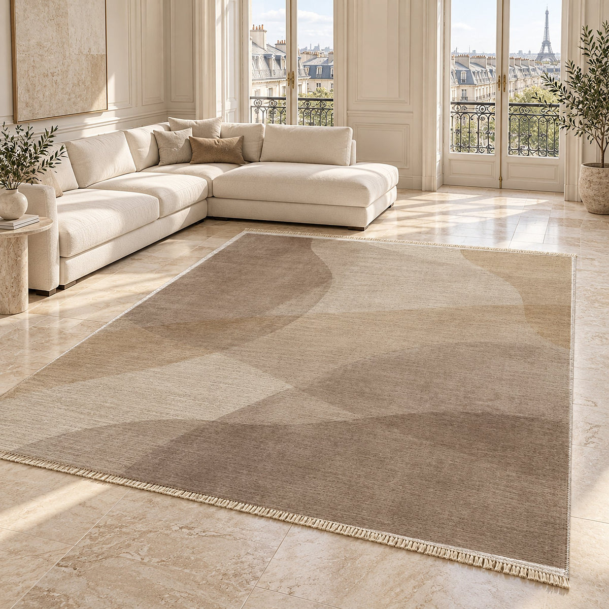 Mist Layers Ivory & Taupe washable rug angled room view on marble