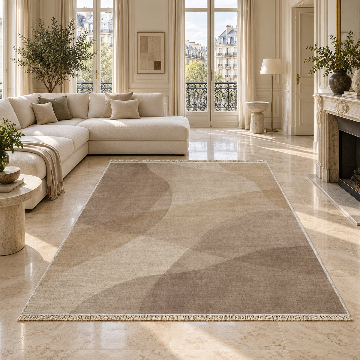 Mist Layers Ivory & Taupe washable rug on a marble floor