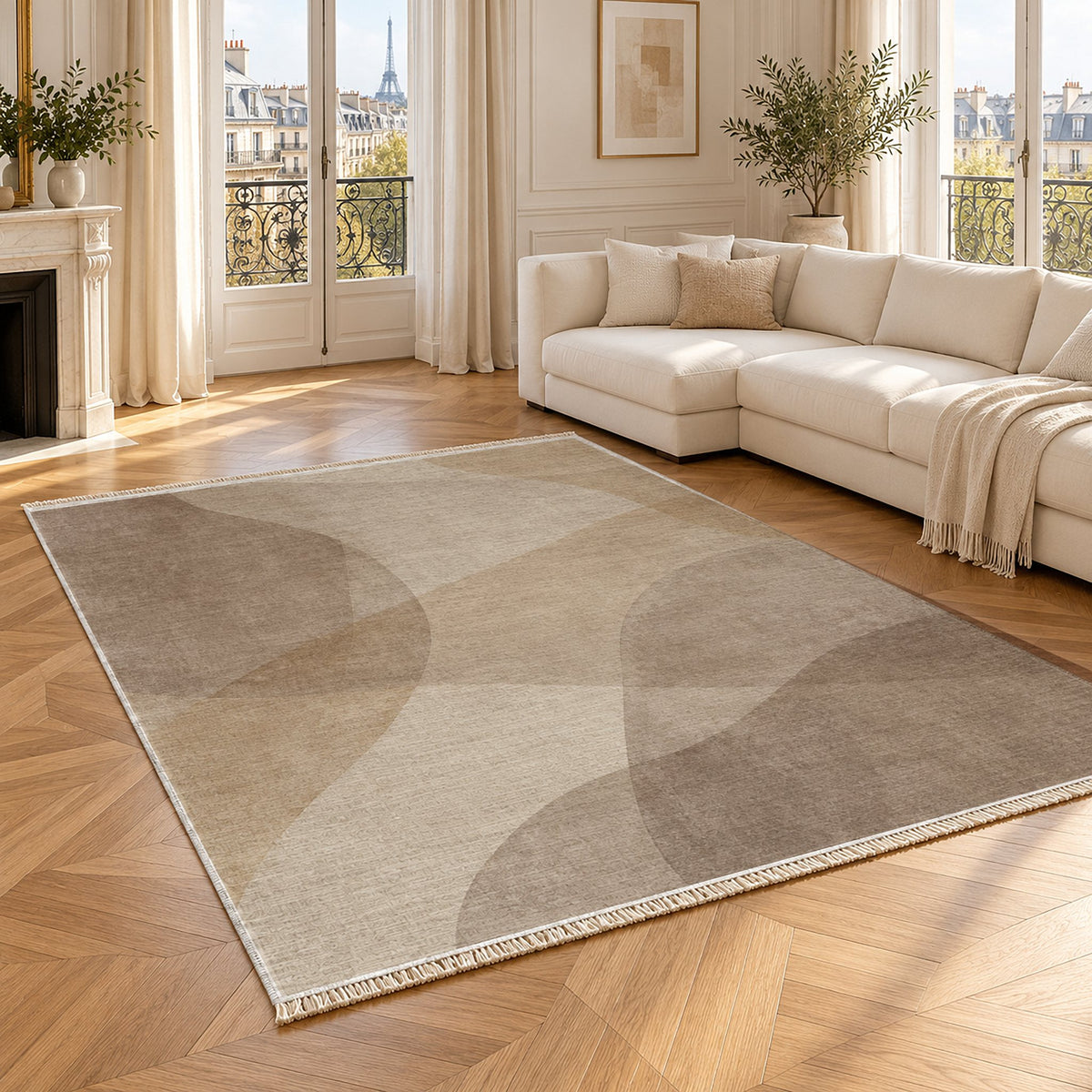 Mist Layers Ivory & Taupe washable rug angled room view