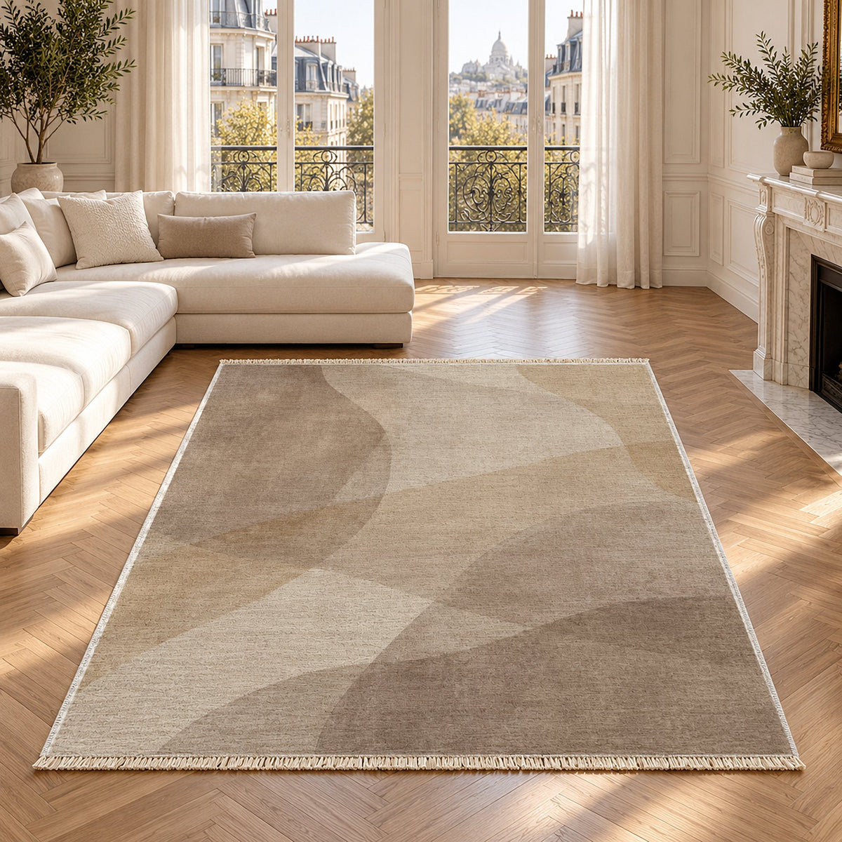 Mist Layers Ivory & Taupe washable rug in a Paris living room
