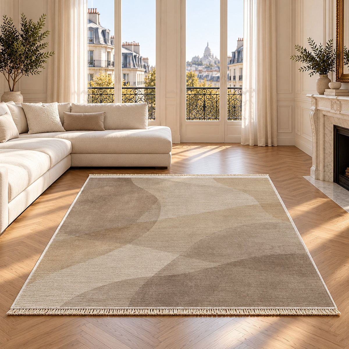 Mist Layers Ivory & Taupe washable rug on an oak floor