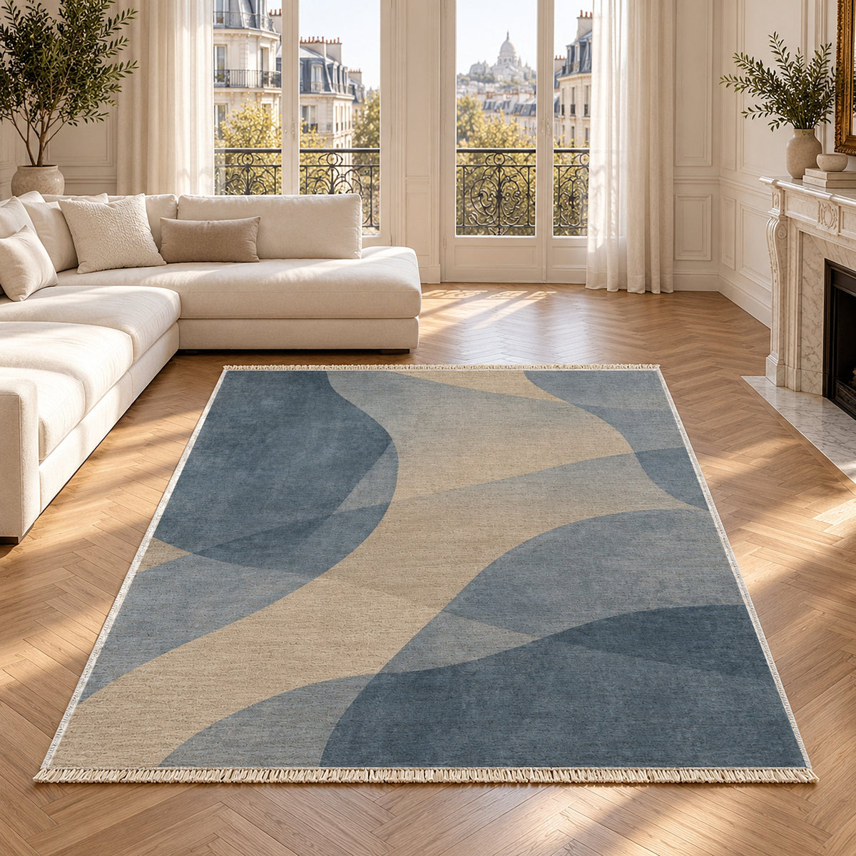 Mist Layers Oat & Dusty Blue washable rug in a Paris living room