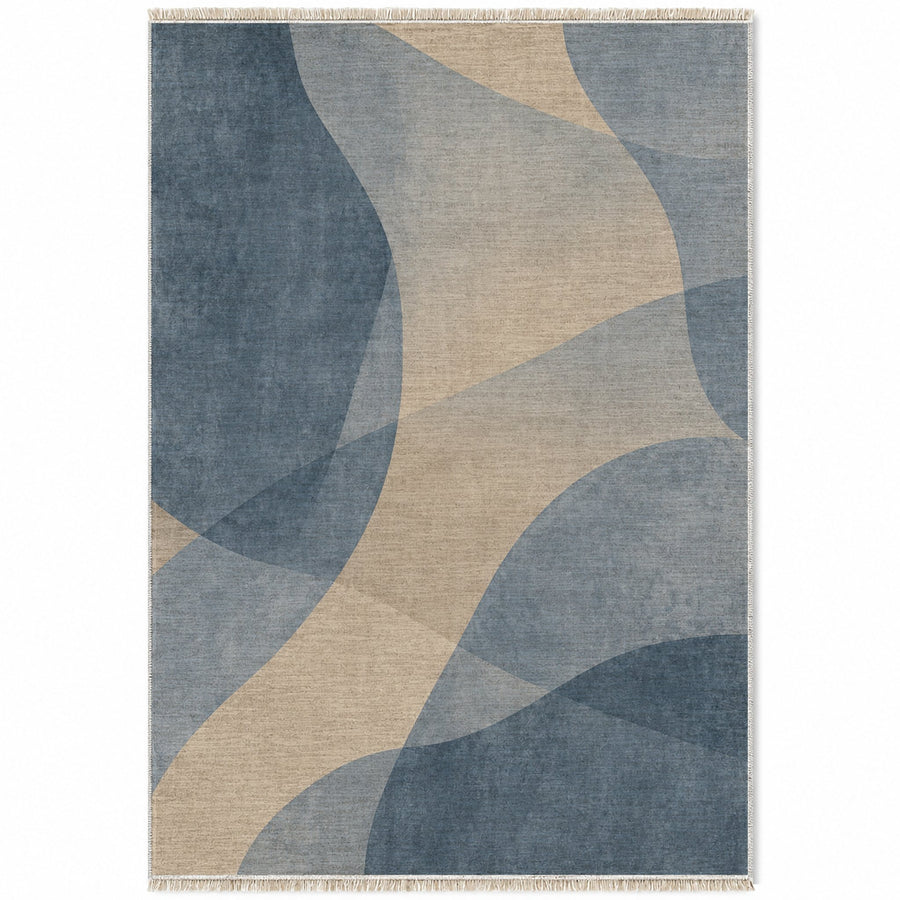 Mist Layers Oat & Dusty Blue Abstract Washable Rug
