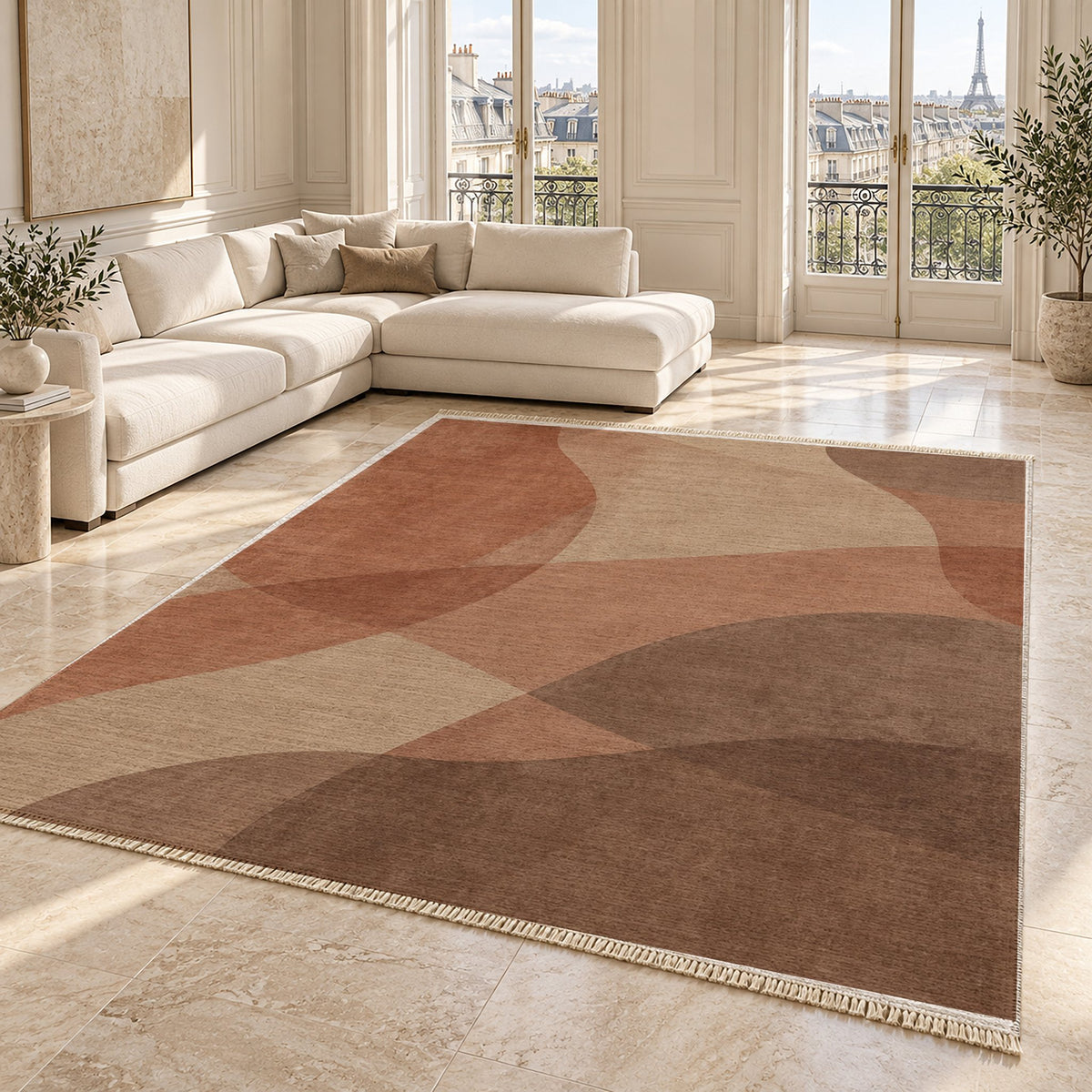 Mist Layers Sand & Terracotta washable rug angled room view on marble
