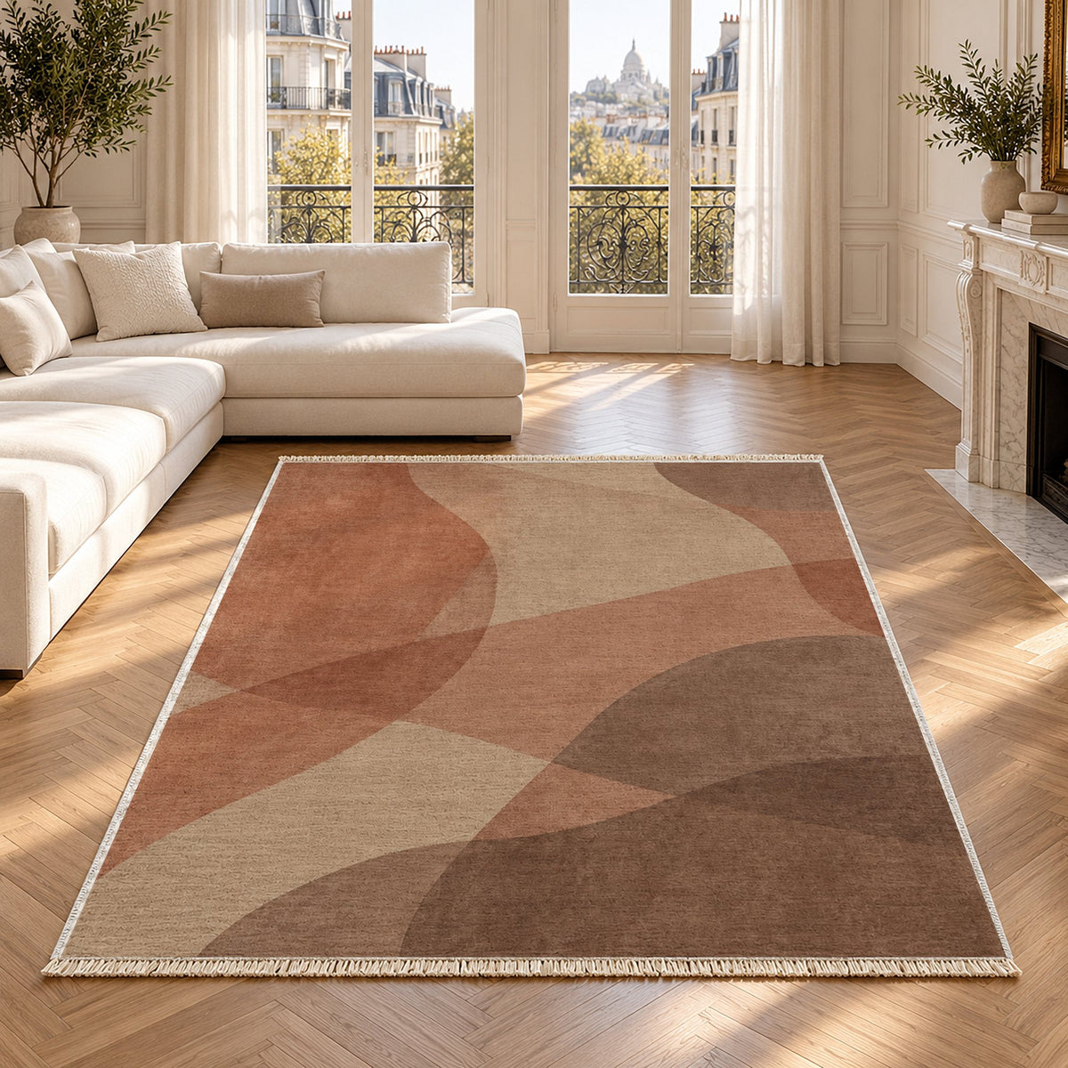 Mist Layers Sand & Terracotta washable rug in a Paris living room