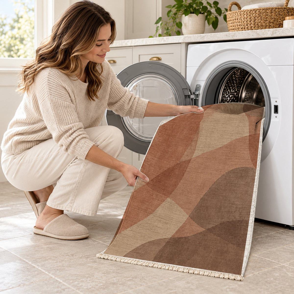 Mist Layers Sand & Terracotta washable rug being loaded into a washing machine