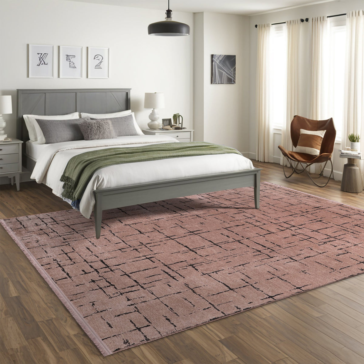 Mocha Crosshatch Washable Rug in a living room