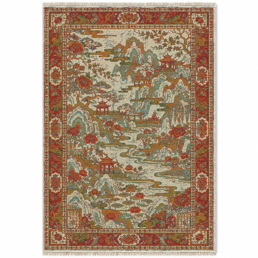 Mountain Pavilion Emerald & Terracotta Oriental Washable Rug