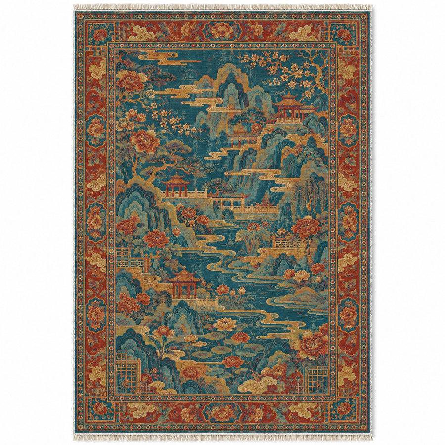 Mountain Pavilion Peacock & Ochre Oriental Washable Rug