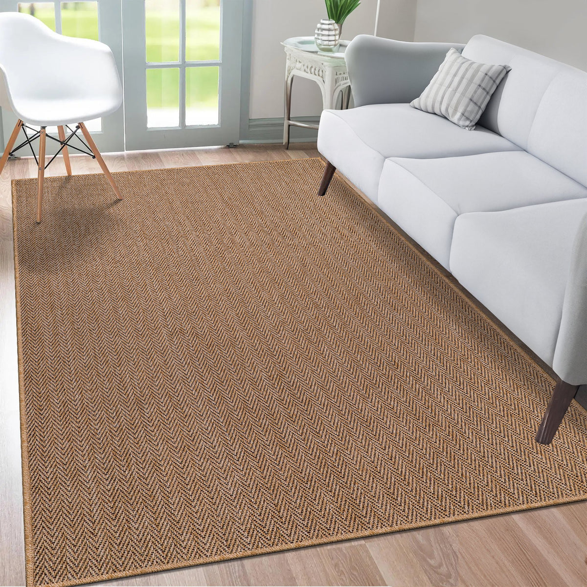 Natural Sisal-Look Flatweave Indoor Outdoor Rug in a living room