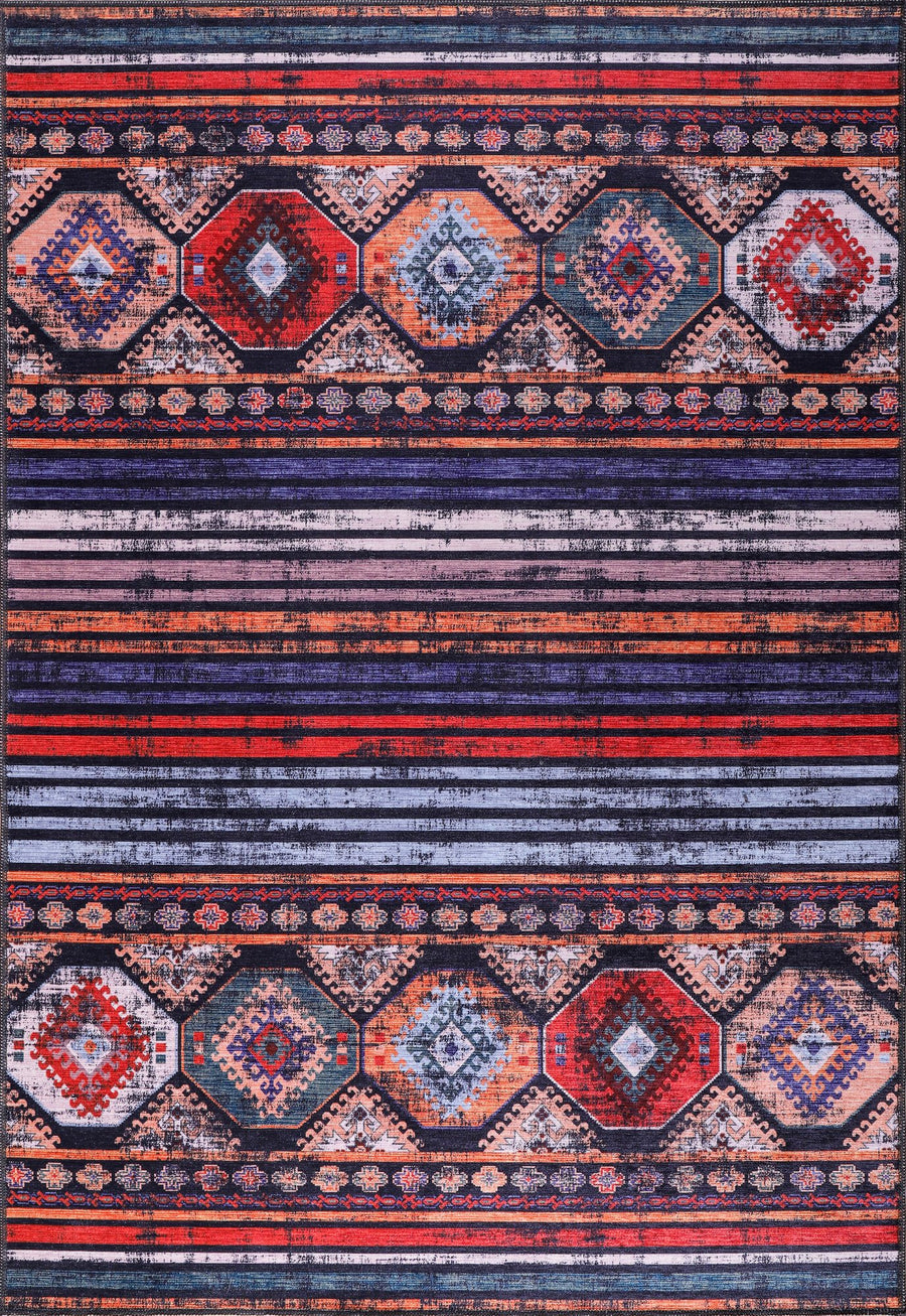 Navy & Red Tribal Stripe Washable Rug | 1336