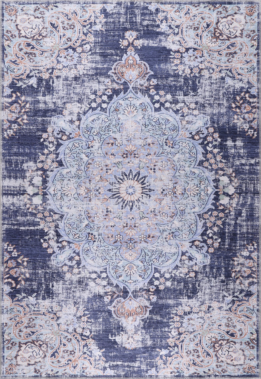 Navy & Silver Faded Medallion Washable Rug | 1487
