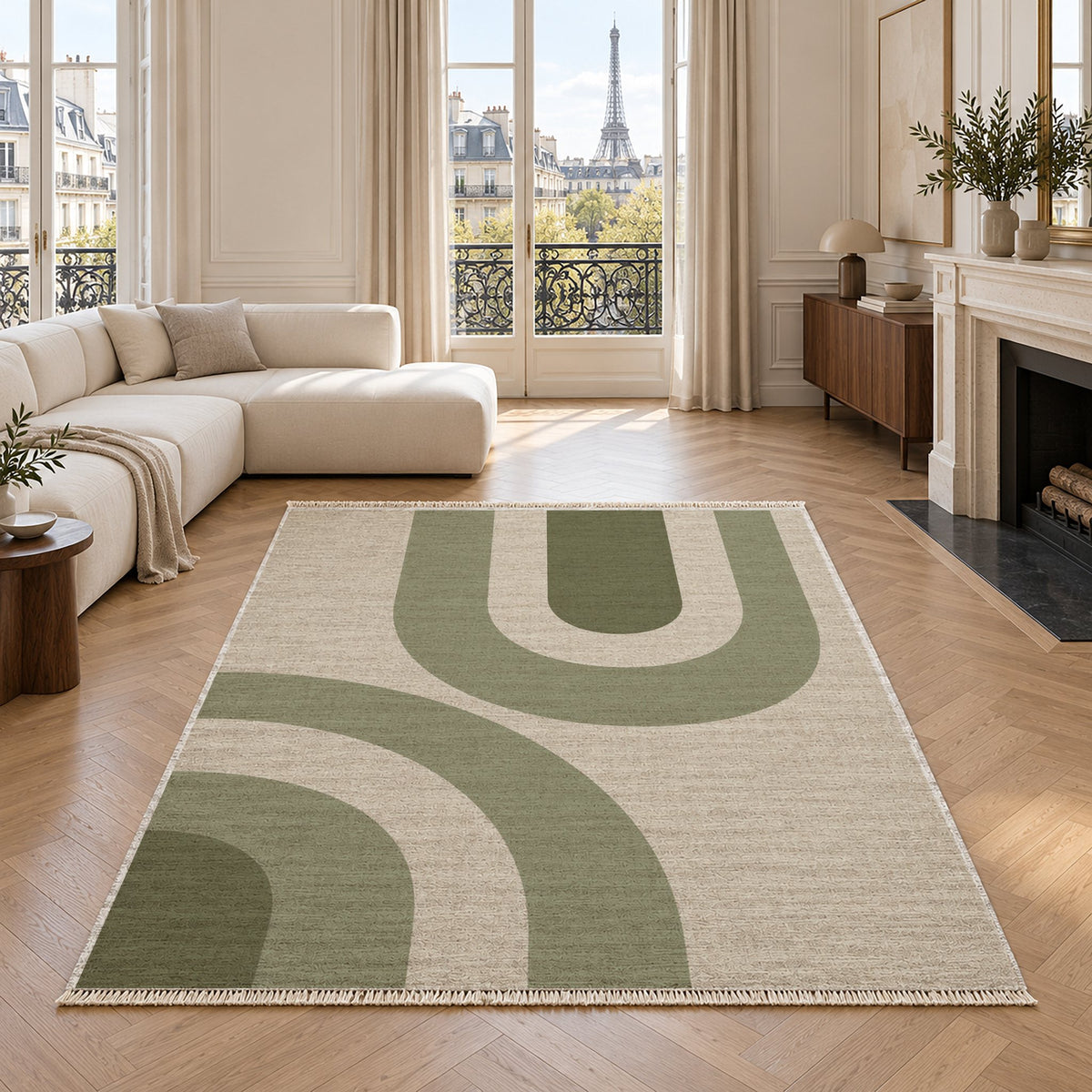 Nested Cove Ivory & Sage washable rug in a living room with an Eiffel Tower view