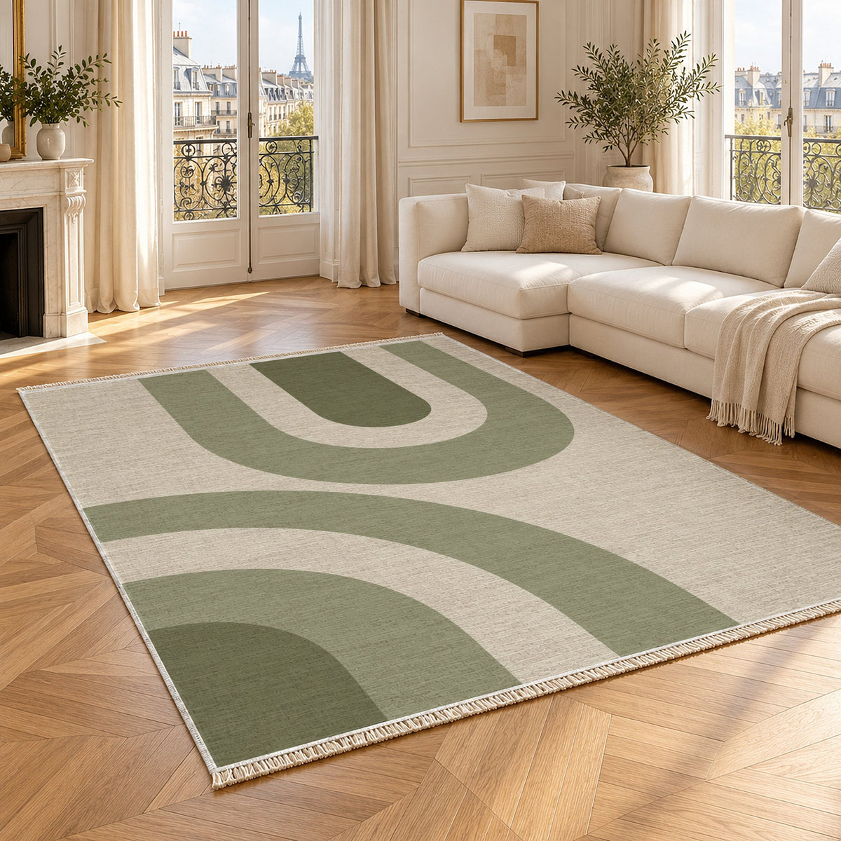 Nested Cove Ivory & Sage washable rug angled room view