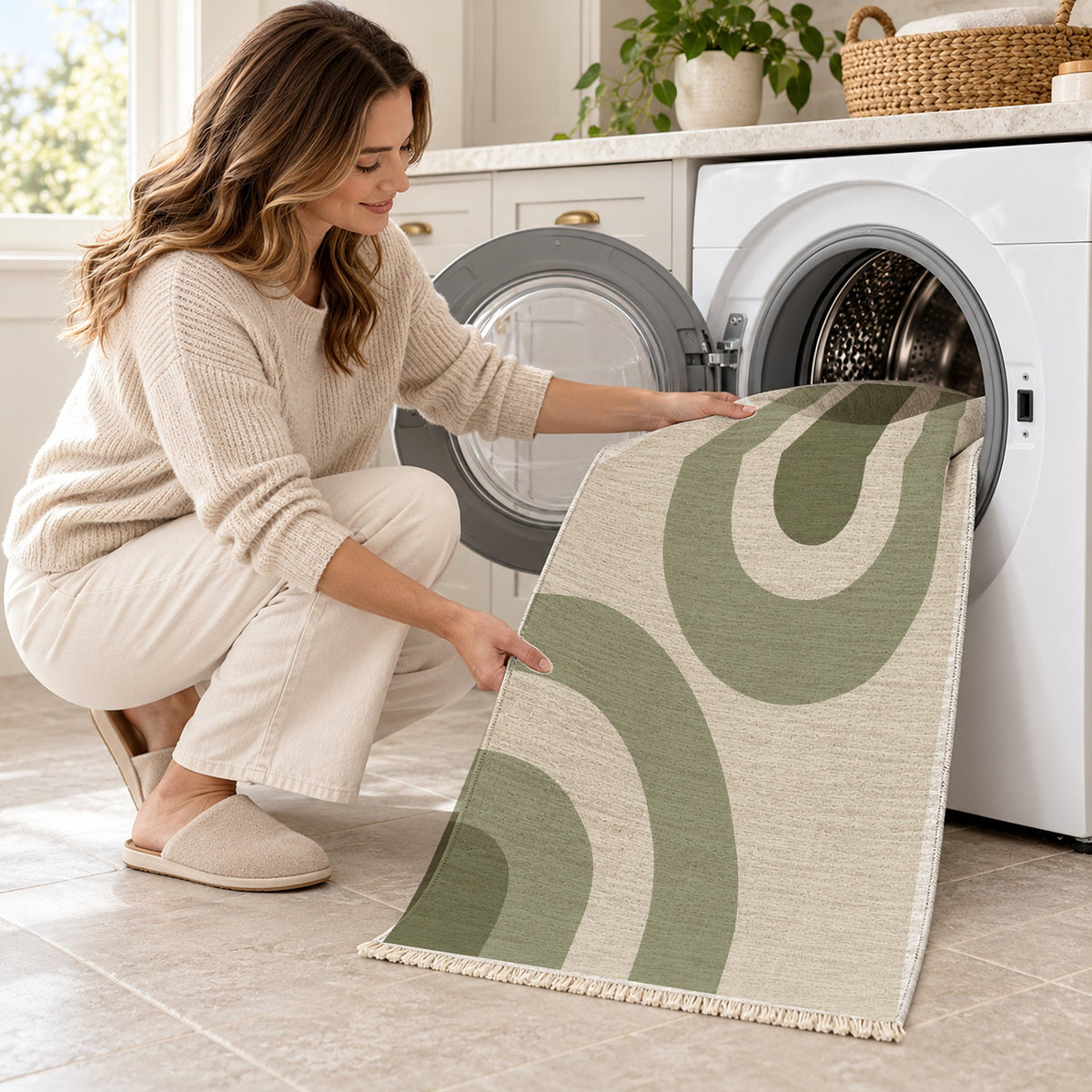 Nested Cove Ivory & Sage washable rug being loaded into a washing machine