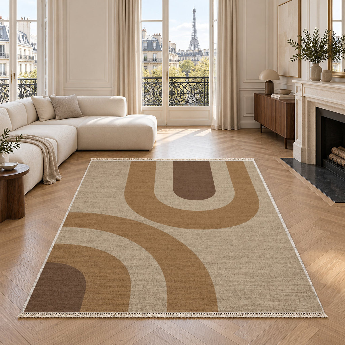 Nested Cove Oat & Cocoa washable rug in a living room with an Eiffel Tower view