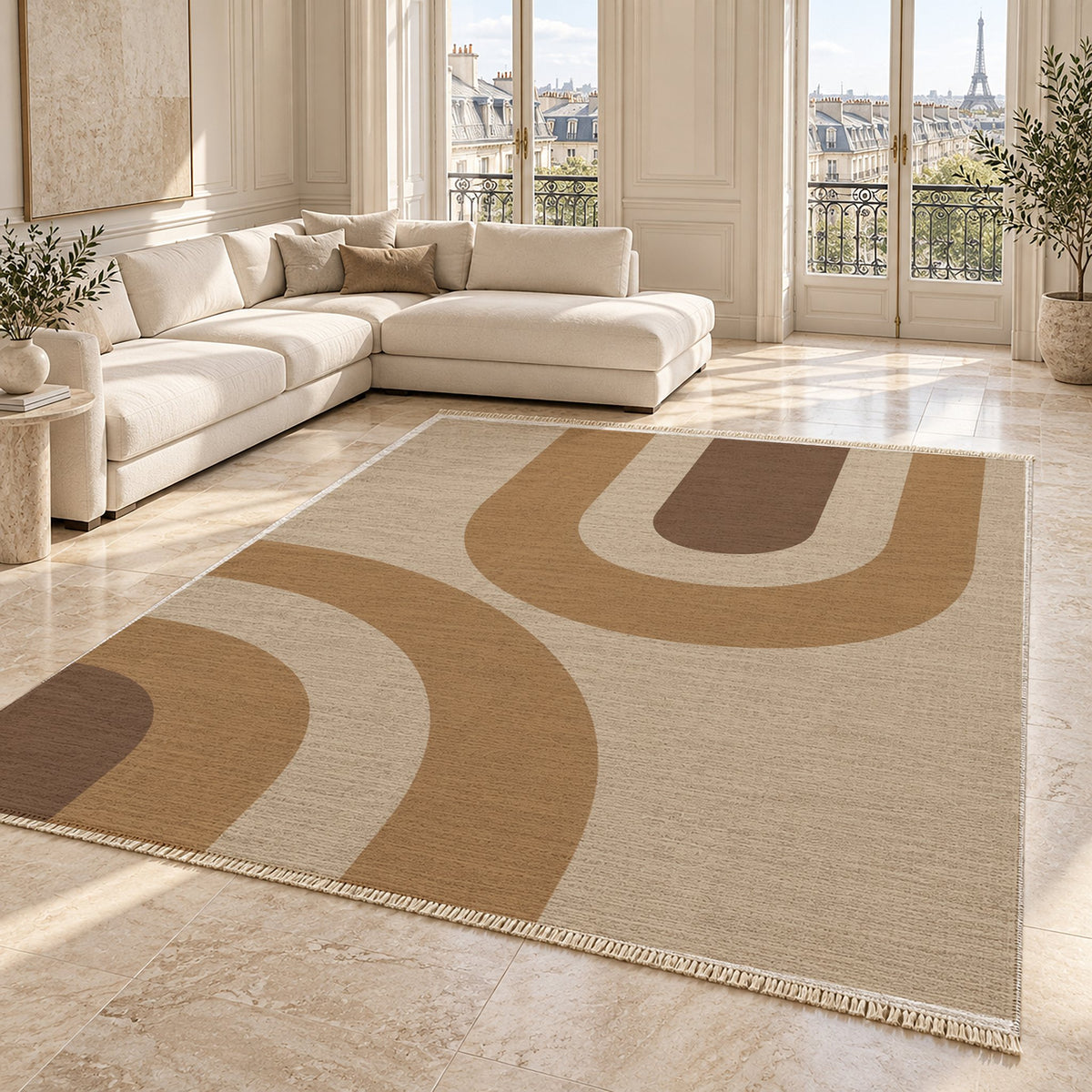 Nested Cove Oat & Cocoa washable rug angled room view on marble