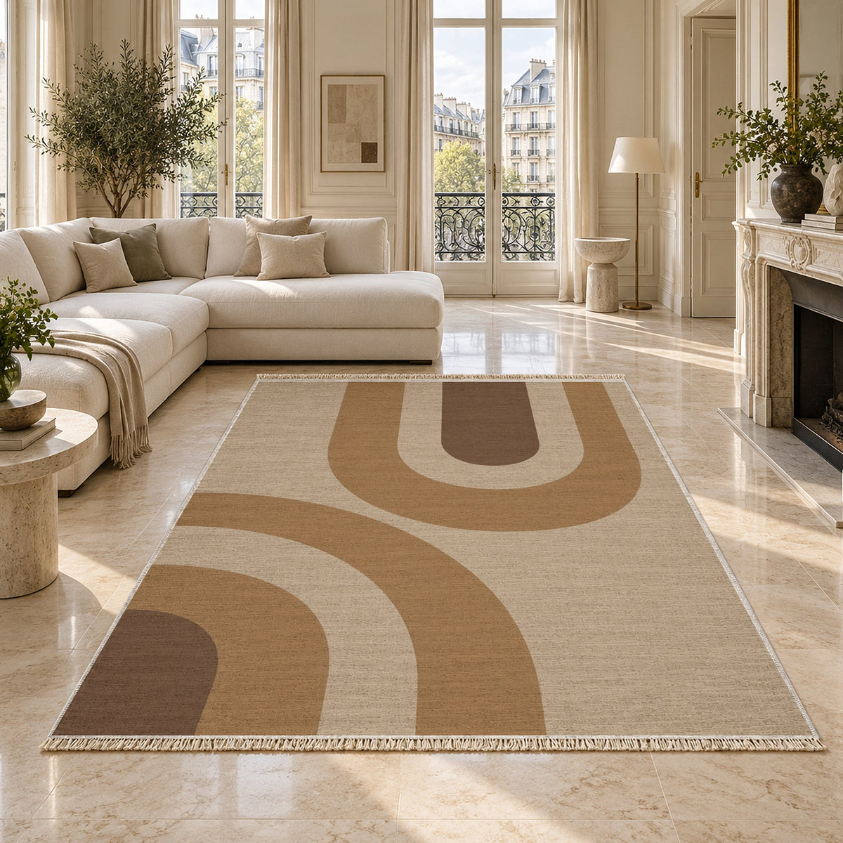 Nested Cove Oat & Cocoa washable rug on a marble floor