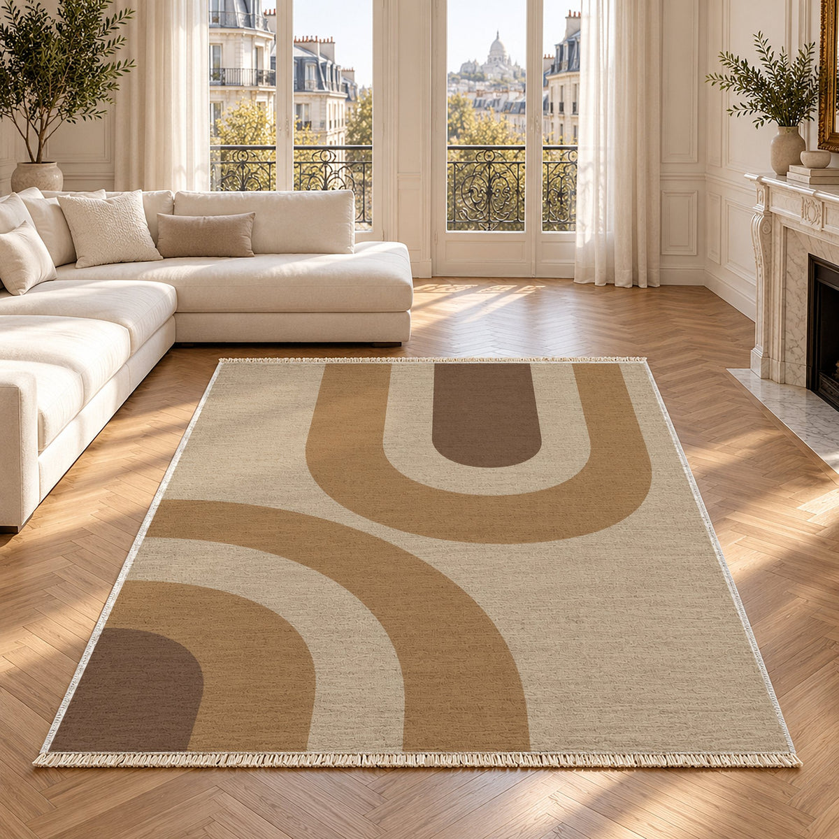 Nested Cove Oat & Cocoa washable rug in a Paris living room