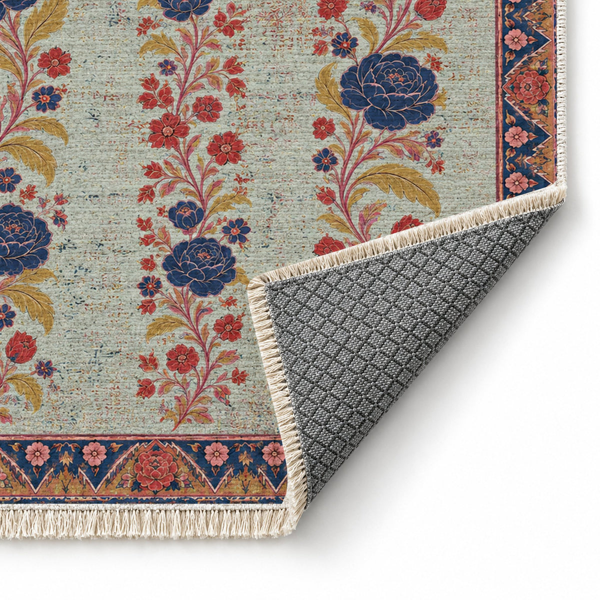 Night Garden Columns Glacier, Ink & Vermilion washable rug folded corner showing the backing