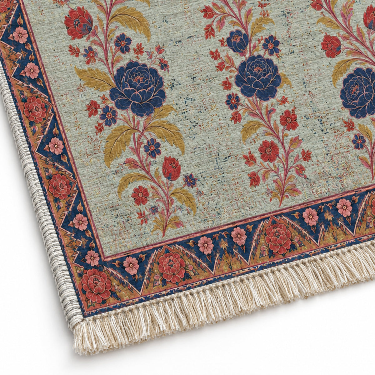Night Garden Columns Glacier, Ink & Vermilion washable rug close-up of the printed chenille