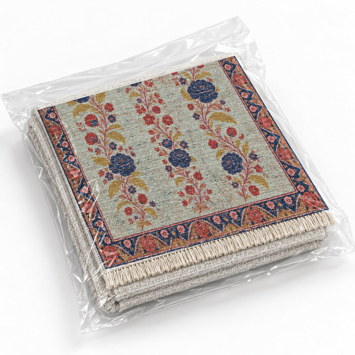 Night Garden Columns Glacier, Ink & Vermilion washable rug rolled and packaged