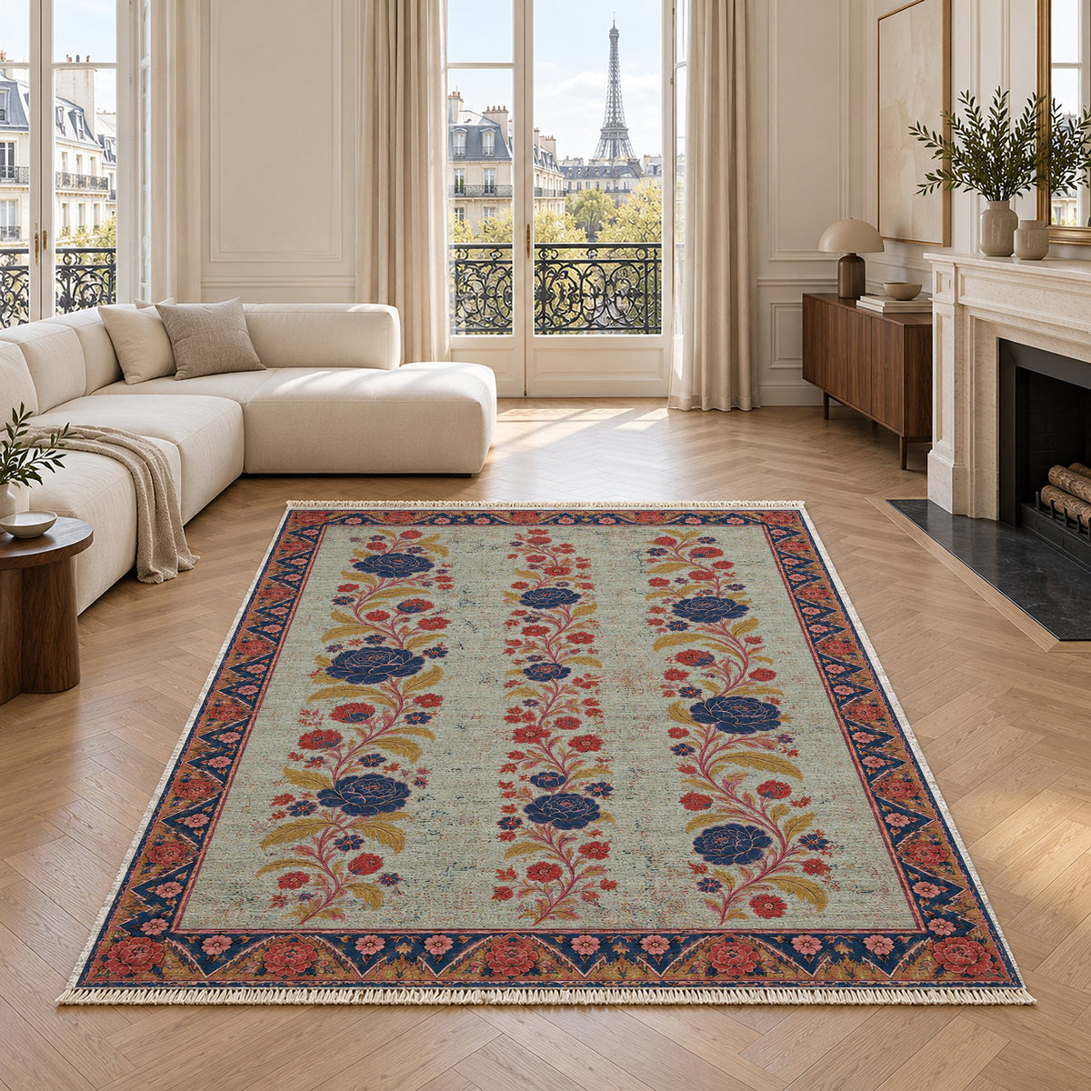 Night Garden Columns Glacier, Ink & Vermilion washable rug in a living room with an Eiffel Tower view